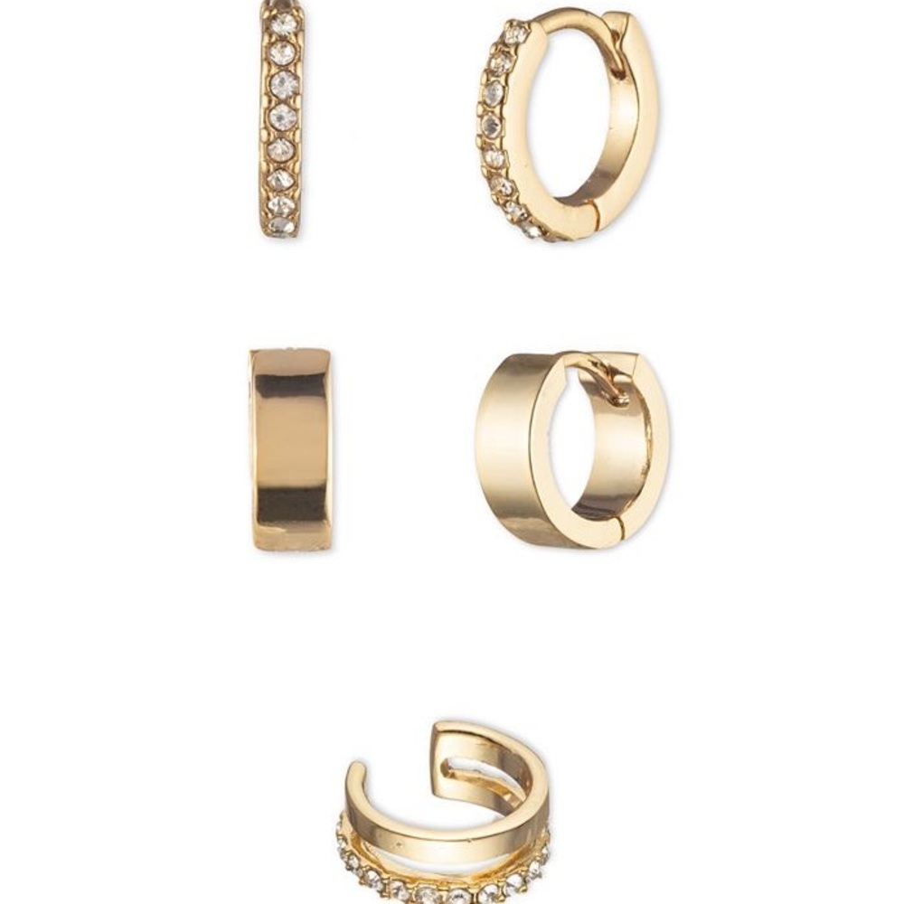DKNY Gold-Tone 3-Pc. Set Extra-Small Pavé Hoop & Cuff Earrings, NWT.